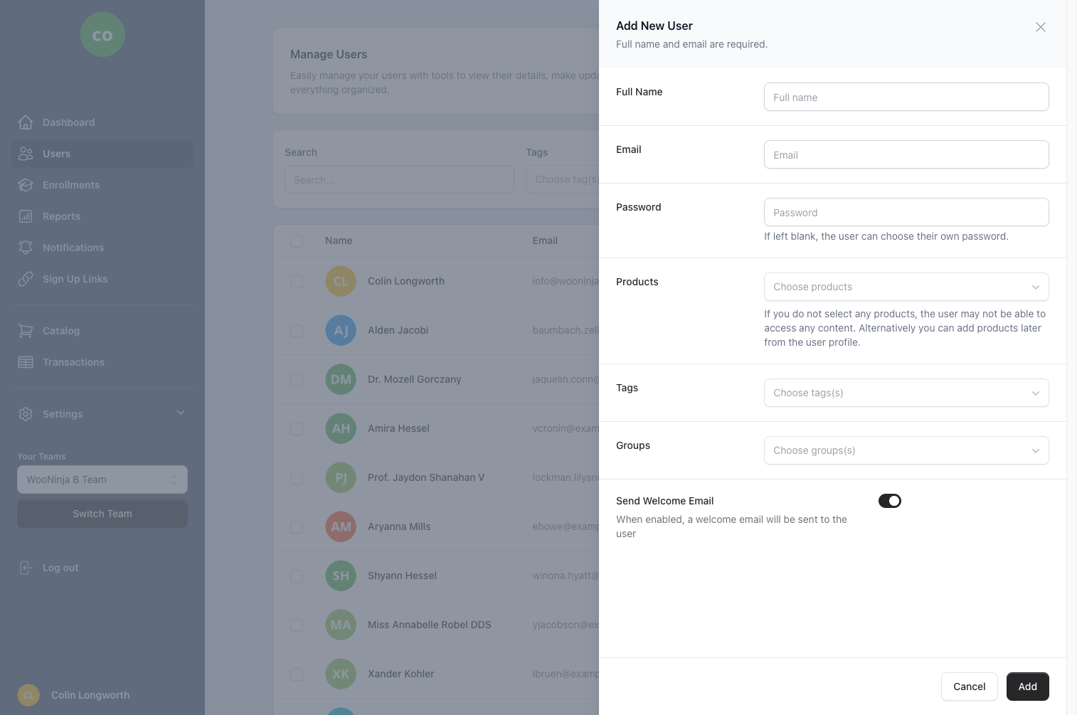 Add New User form in B2B Dashboard for team member onboarding