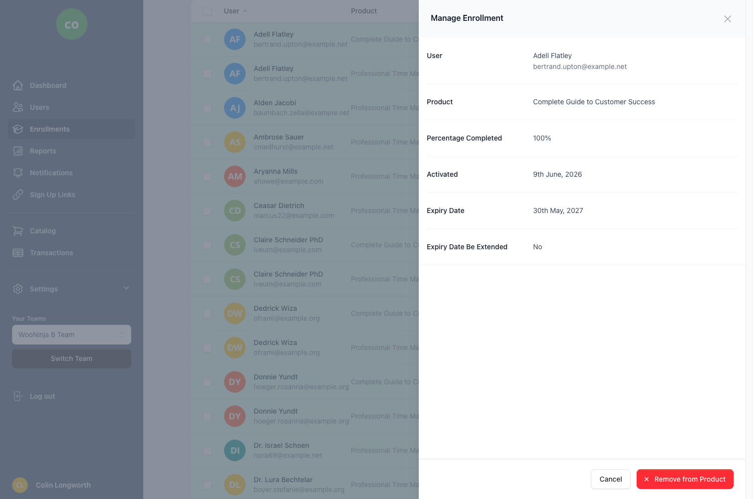Manage Enrollment slideover showing user details, course progress, and expiry management