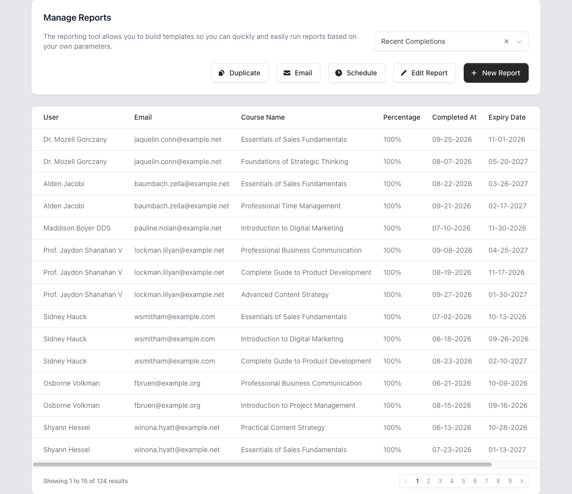 B2B Dashboard report management interface showing report selector and action buttons for tracking seat usage