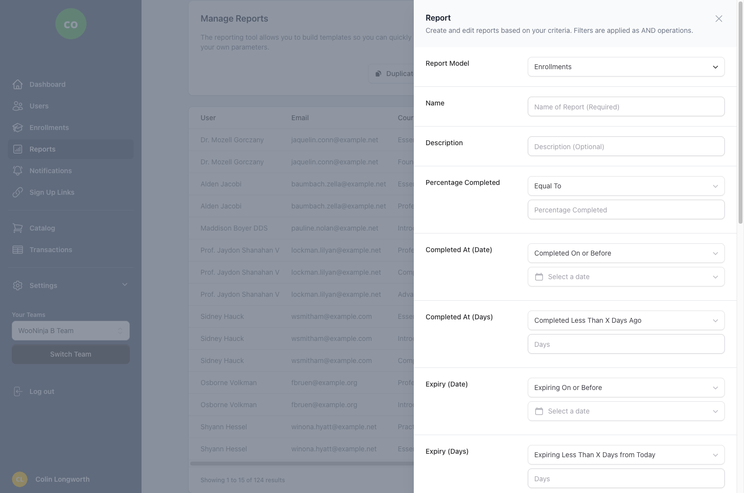 Report builder with filter fields for custom training reports