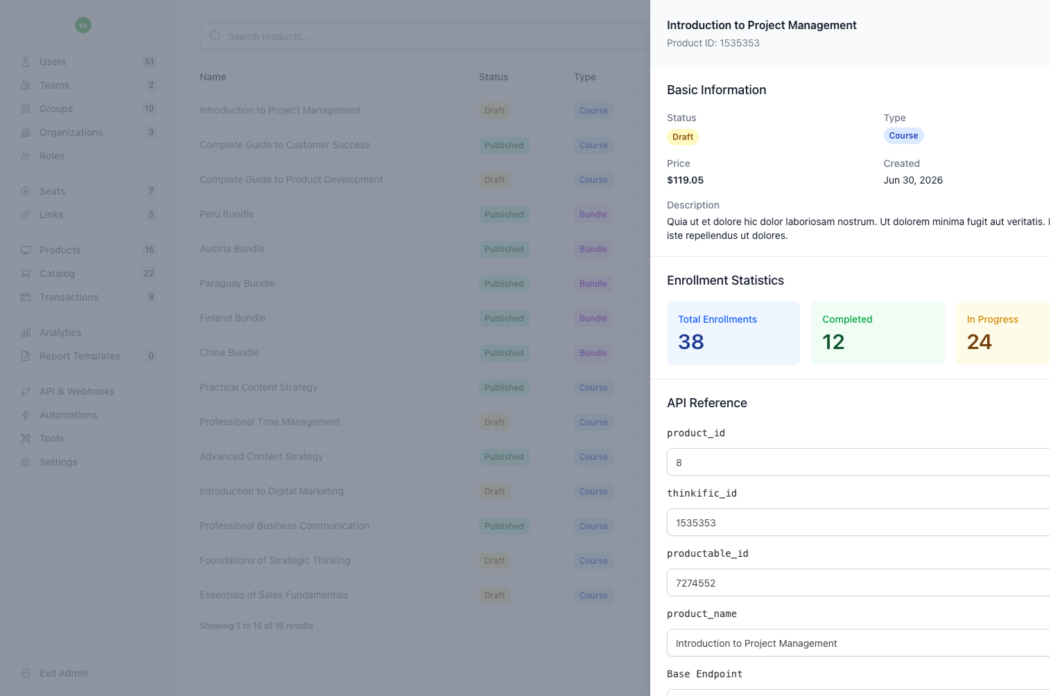 Product management drawer in B2B Dashboard showing course details, enrollment statistics, API reference, and certificate configuration