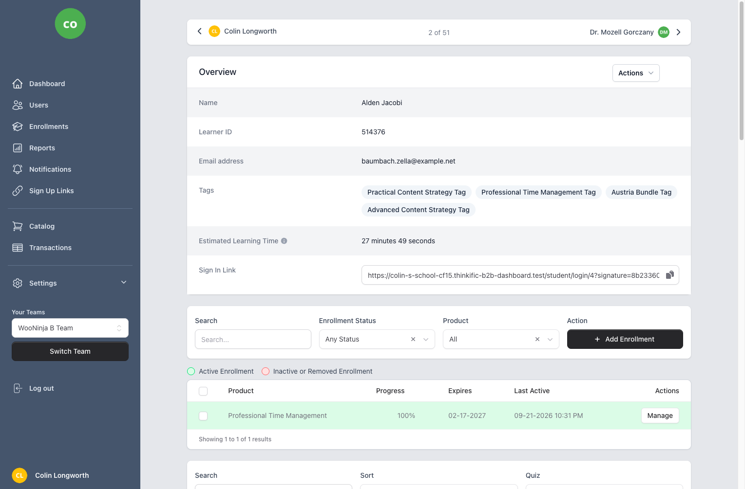 User profile page in B2B Dashboard showing learner details, enrollment history, progress tracking, and certificate status