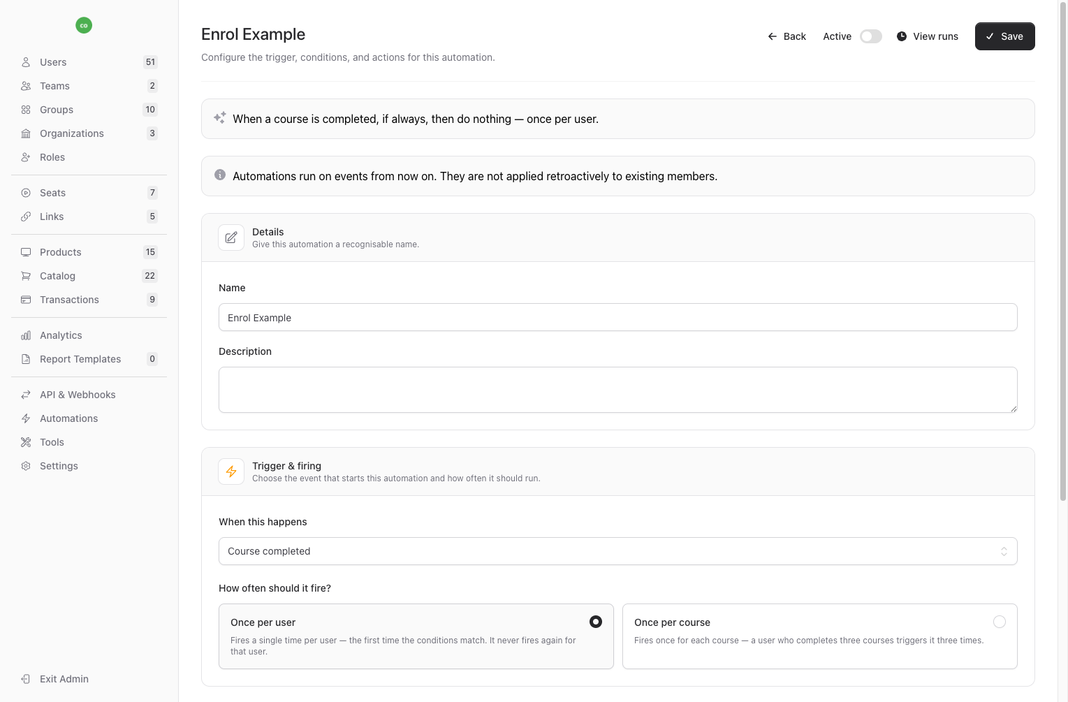 Automation rule detail page showing event-driven triggers, conditions, actions, and run history for B2B training workflows